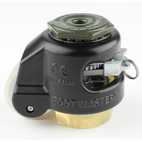 Leveling Caster, Ratchet, 50 mm PU Wheel, 1/2-13 Stem, Swivel, 250 kg Cap, PU Foot Pad, Black